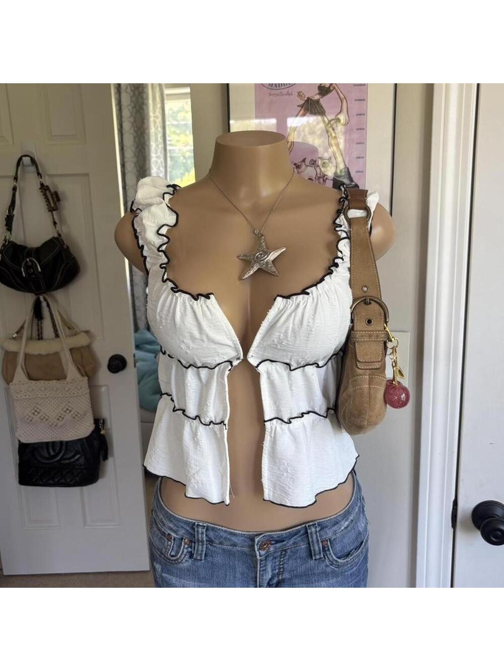 y2k 2000s white ruffle tank top frilly feminine coquette